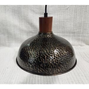 12″ Hammered Bronze Gold Pendant Light – Wood Accent, 52″ Drop